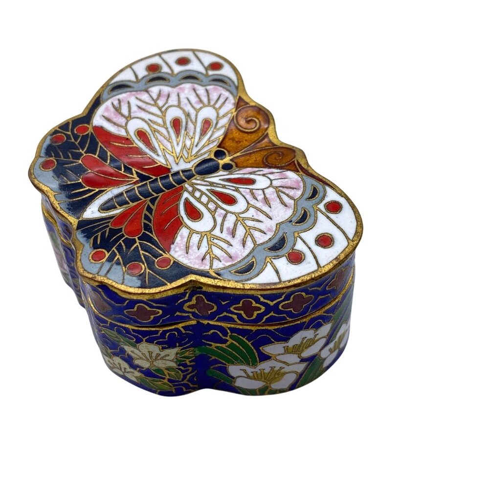 Cloisonne Butterfly pill box trinket box small white blue floral Enamel - Picture 4 of 10